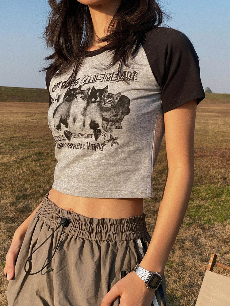 Y2K Cat Print Crop Top for