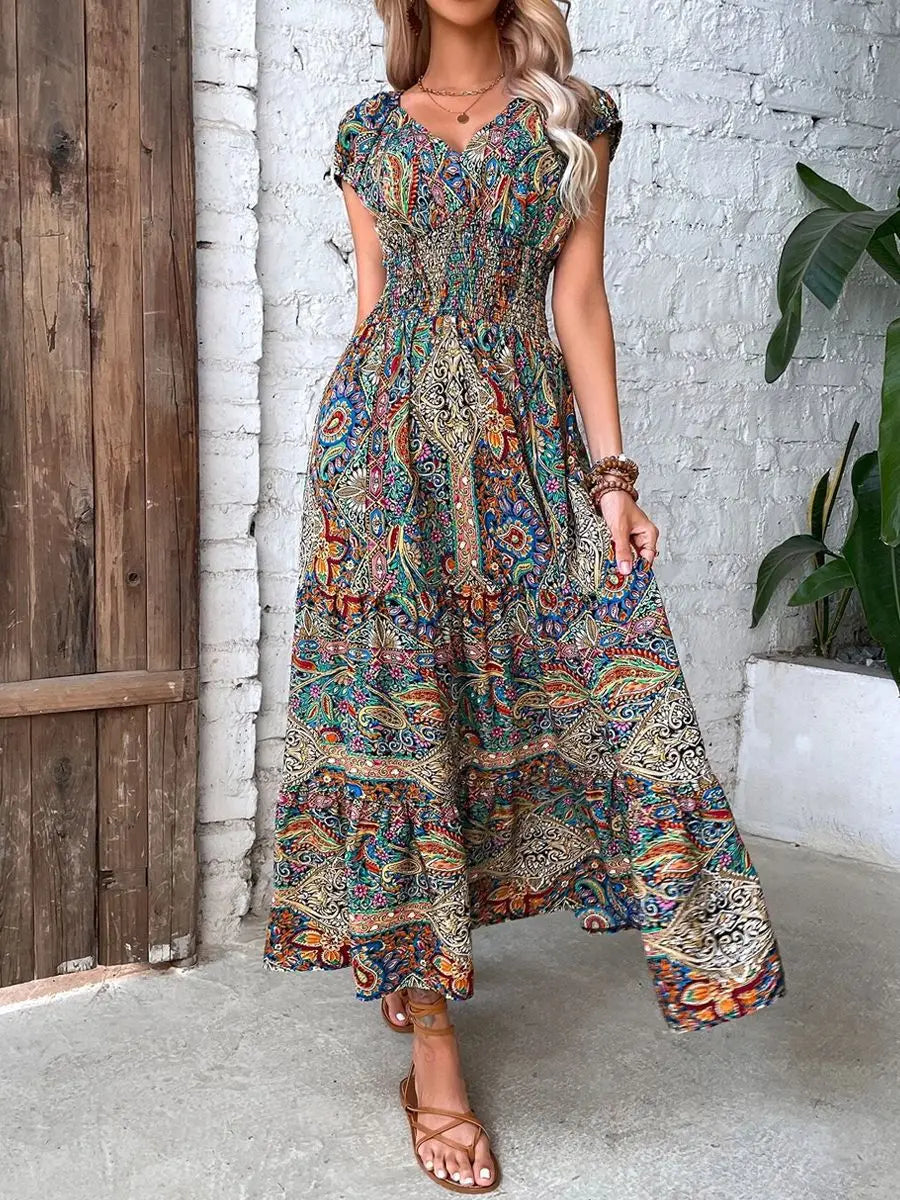 A line Maxi Short Sleeve Elastic Waist Boho Dress