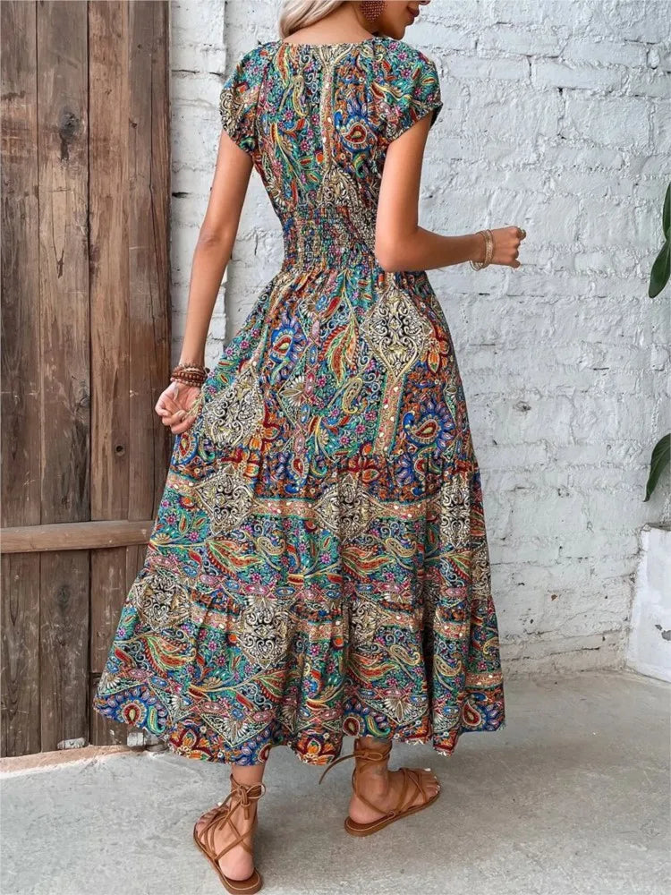 A line Maxi Short Sleeve Elastic Waist Boho Dress