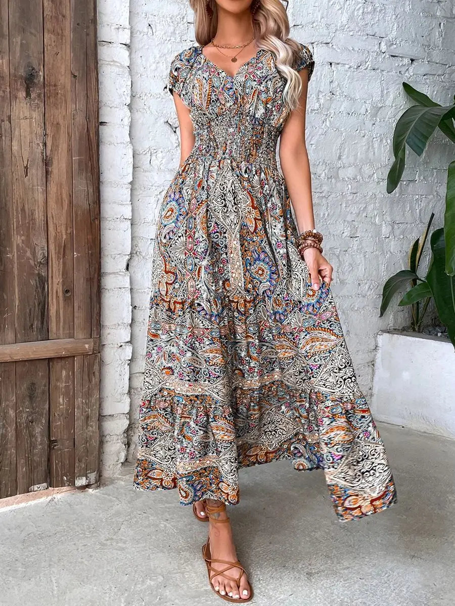 A line Maxi Short Sleeve Elastic Waist Boho Dress