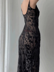 Long Black See Through Lace Dress