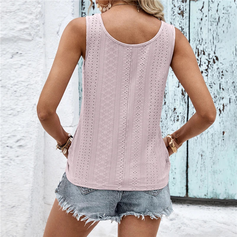 Trendy Hollow Asymmetric Sleeveless V Neck Tank Top