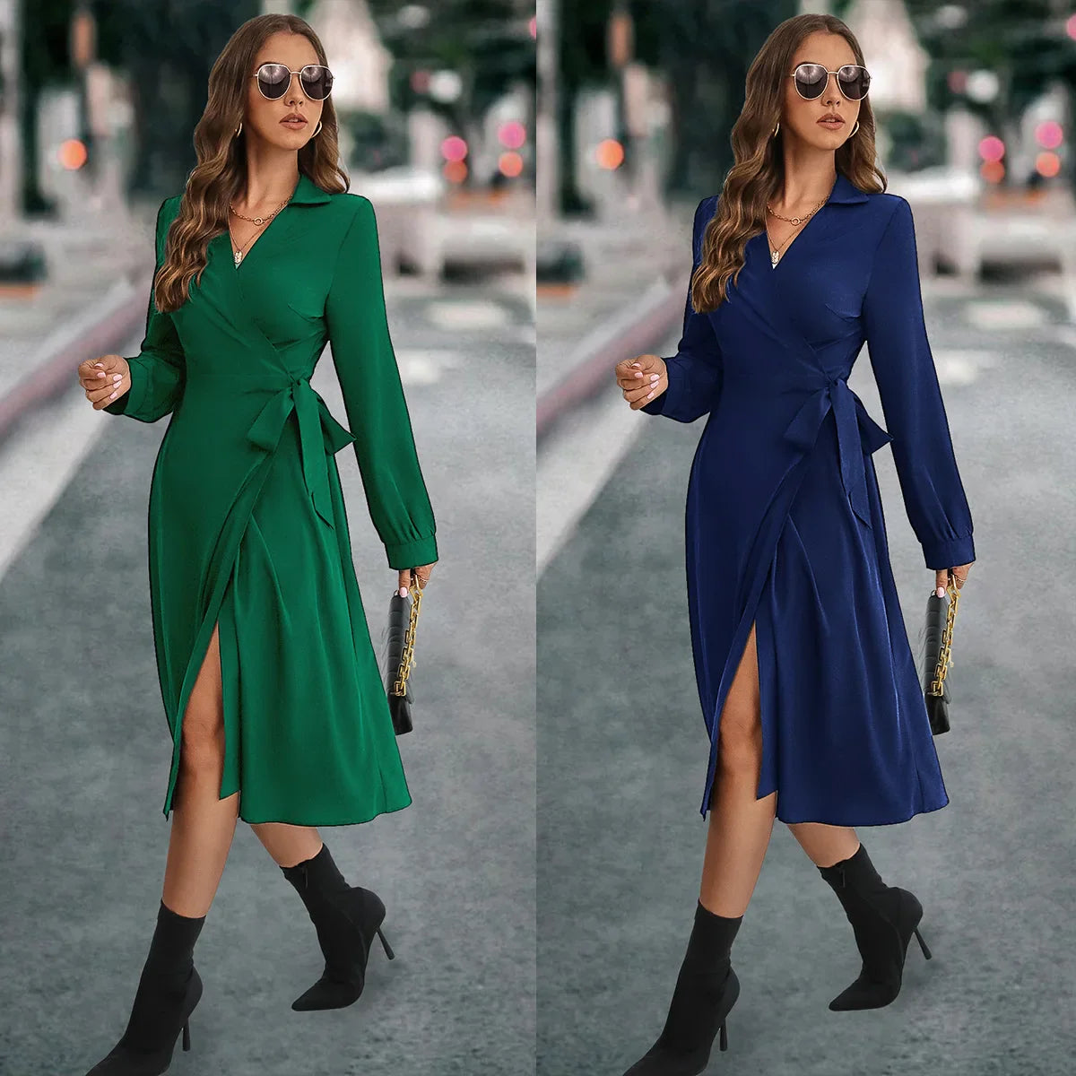 Cross V neck Dark Green Korean Slim Midi Dresses