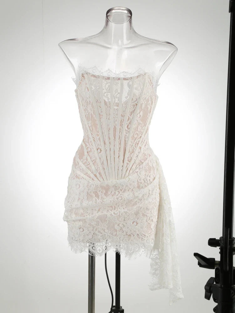 Pleated Evening Gowns Lace Patchwork Party Clothes Lace Dress