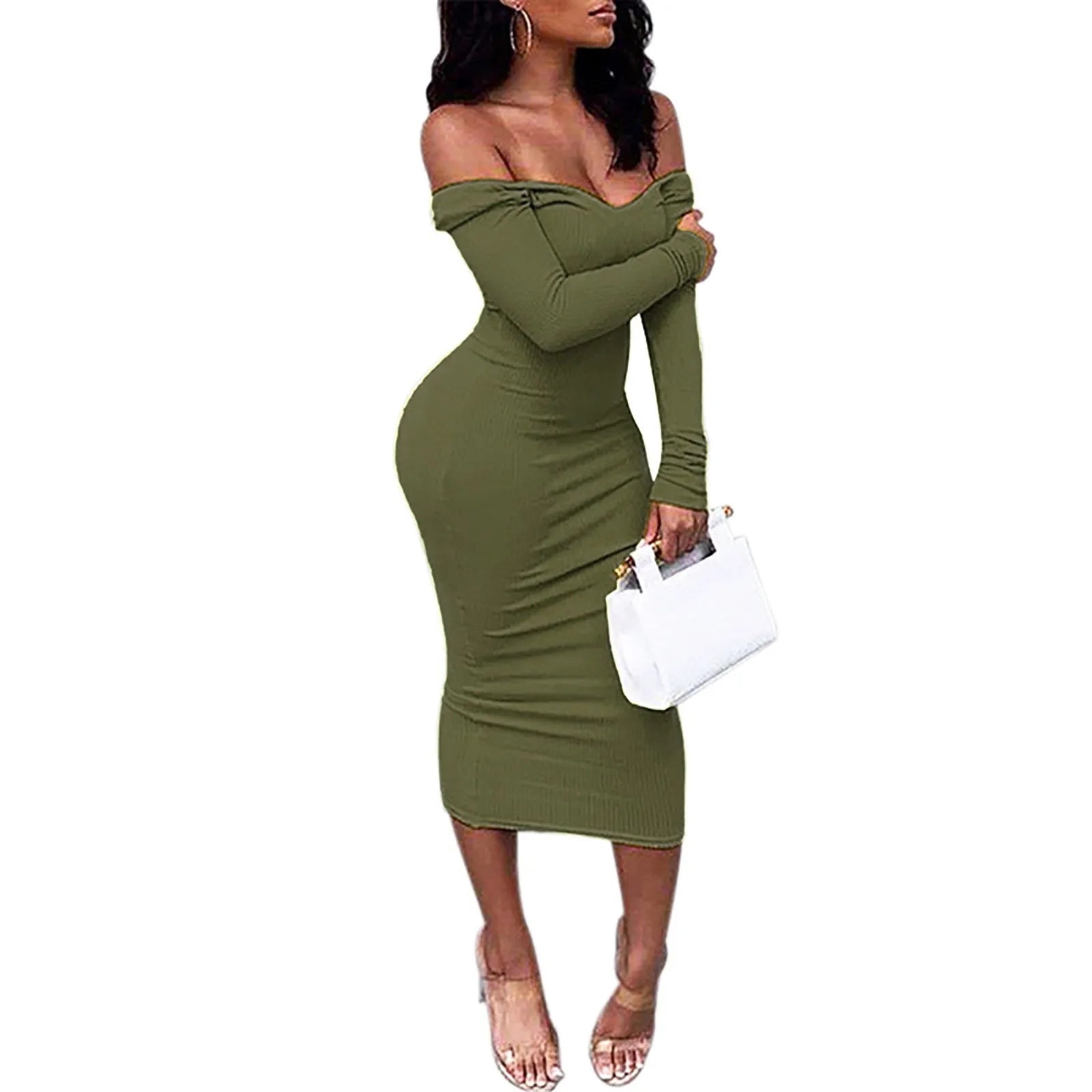 Deep V Neck Off Shoulder Rib Knit Midi Dress