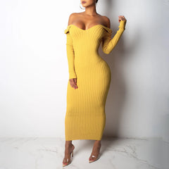 Deep V Neck Off Shoulder Rib Knit Midi Dress