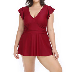 Solid Color Flying Sleeve V Neck A Line Plus Size Swimsuits