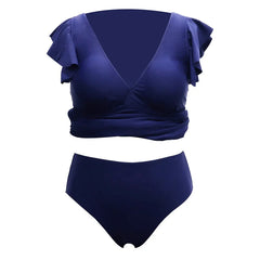 Solid Color Flying Sleeve V Neck A Line Plus Size Swimsuits
