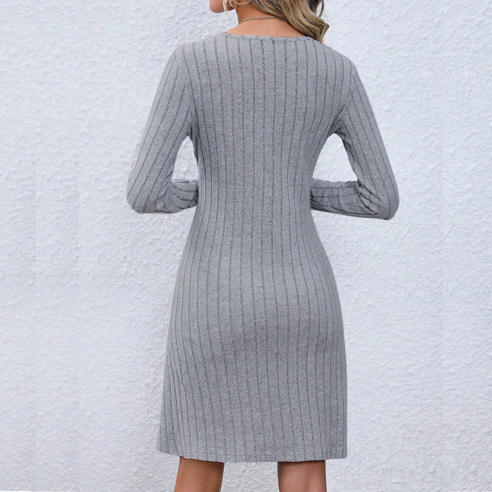 Chic V Neck Buttoned Waist Long Sleeve Solid Color Midi Dress
