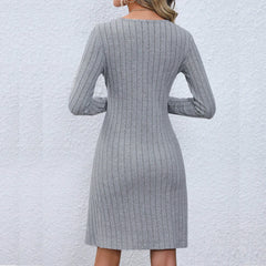 Chic V Neck Buttoned Waist Long Sleeve Solid Color Midi Dress