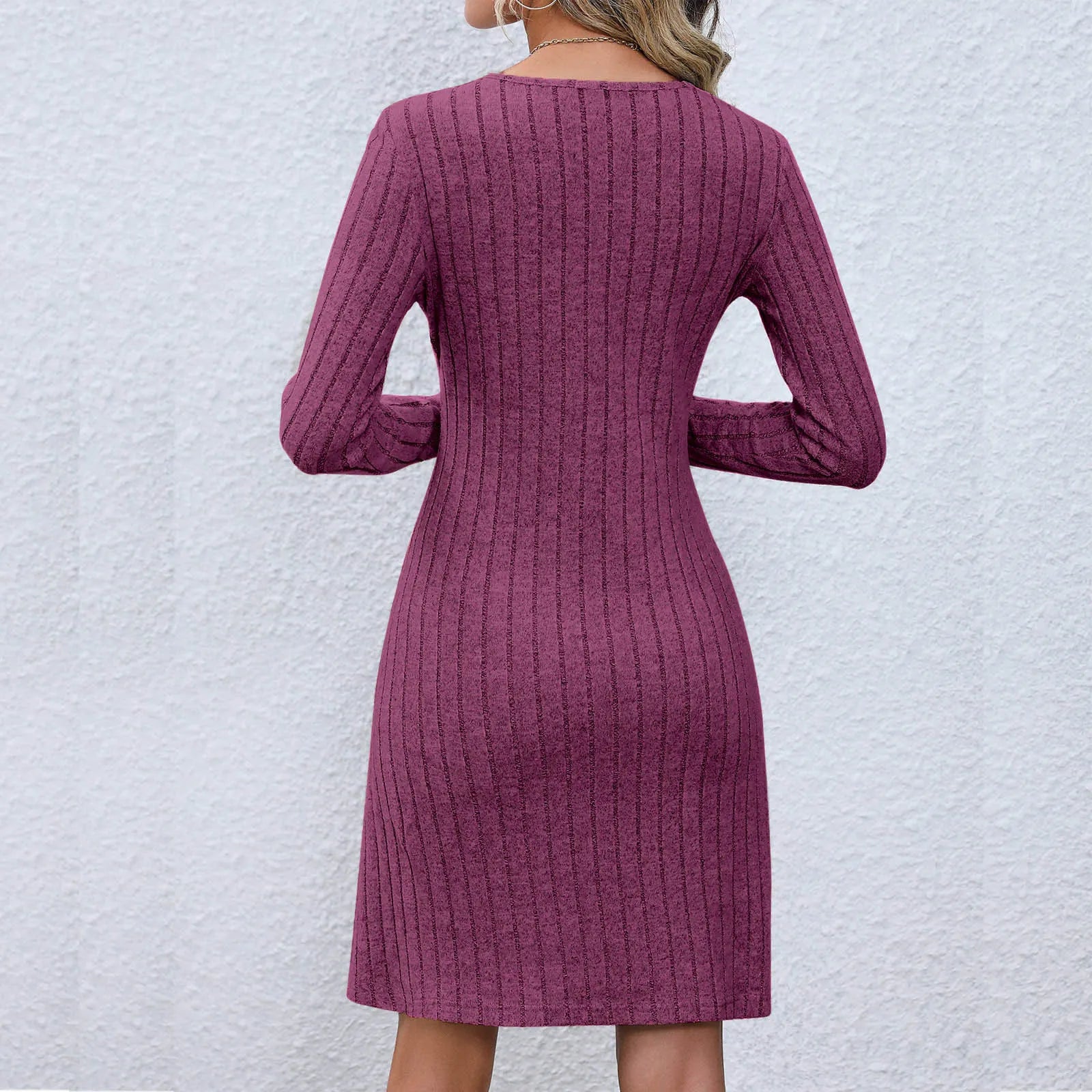 Chic V Neck Buttoned Waist Long Sleeve Solid Color Midi Dress