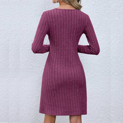 Chic V Neck Buttoned Waist Long Sleeve Solid Color Midi Dress