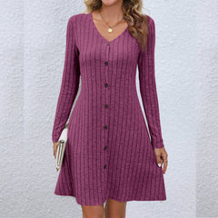 Chic V Neck Buttoned Waist Long Sleeve Solid Color Midi Dress