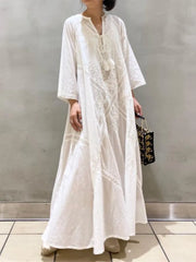 Elegant Embroidered White Lace V Neck Boho Dress