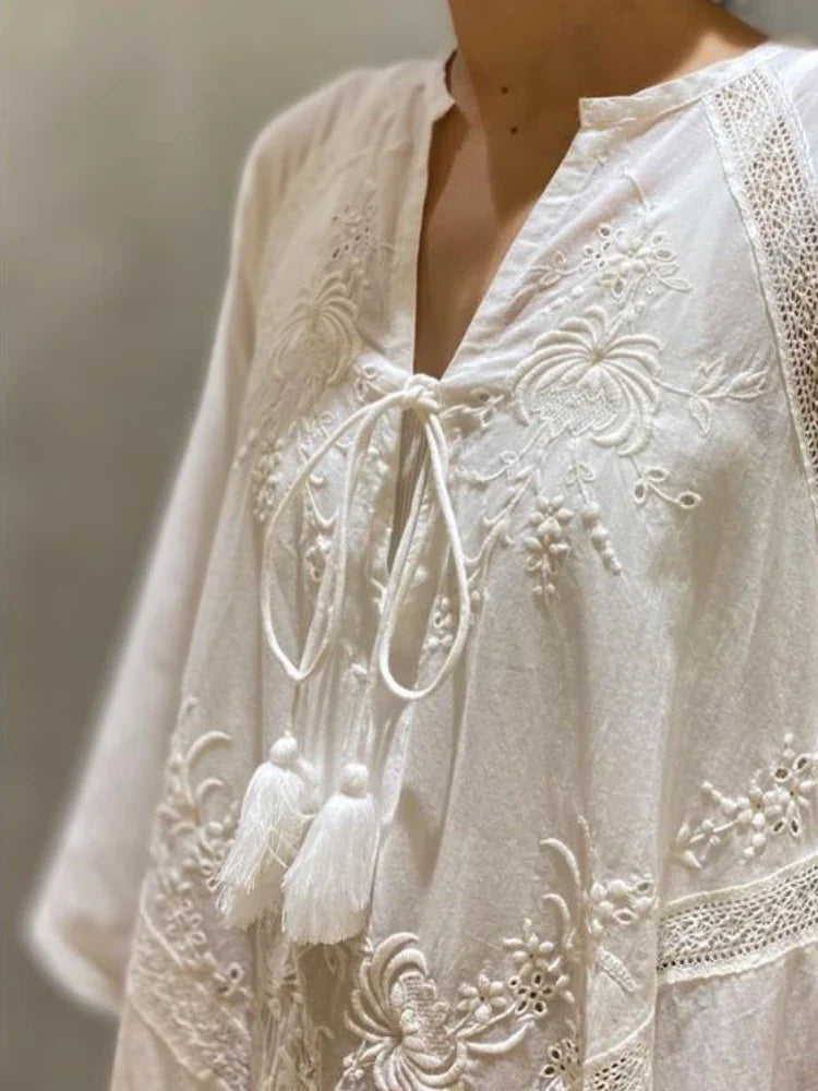 Elegant Embroidered White Lace V Neck Boho Dress