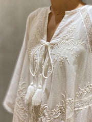 Elegant Embroidered White Lace V Neck Boho Dress