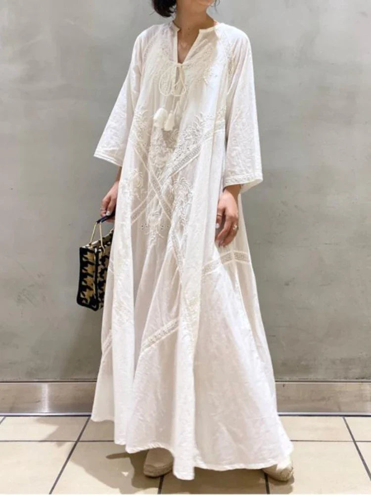 Elegant Embroidered White Lace V Neck Boho Dress