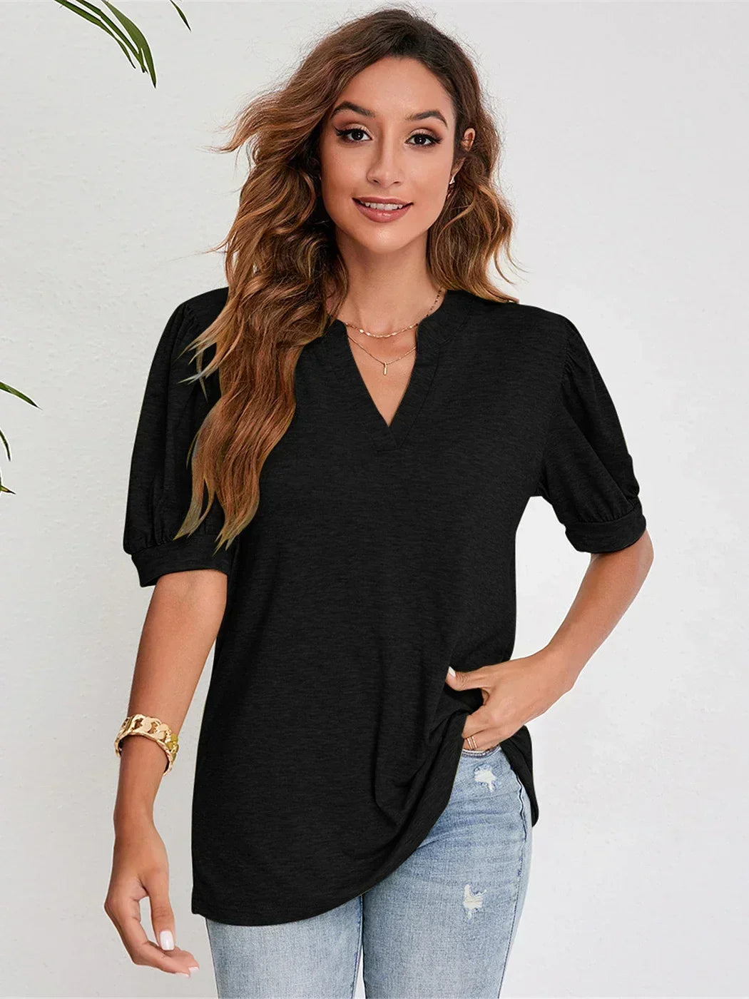 Navy Blue Short Puff Sleeve Blouse for