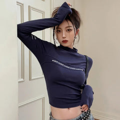 Vintage High Neck Letter Print Long Sleeve Tee