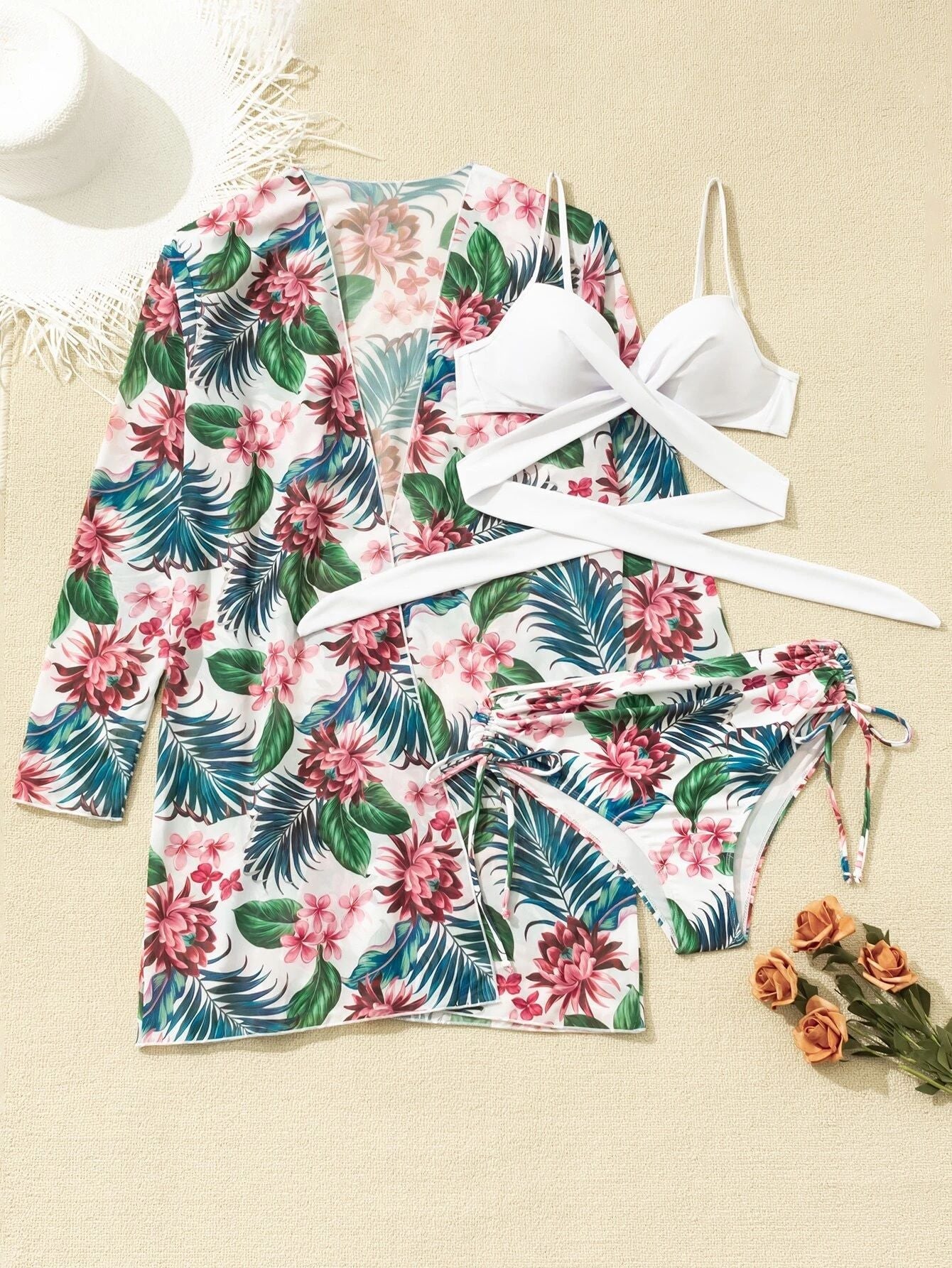 Printed Sexy Bikini Swimsuit and Net Yarn Cover Up