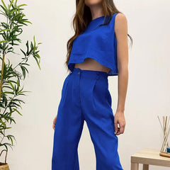 Cotton and Linen Sleeveless Solid Color Two Piece Set