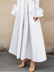 Pleated Solid Color Split-Joint Flared Sleeves Lapel Shirt Dress Maxi Dresses
