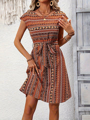 Contrast Color Tied Waist A-Line Loose Round-Neck Mini Dresses