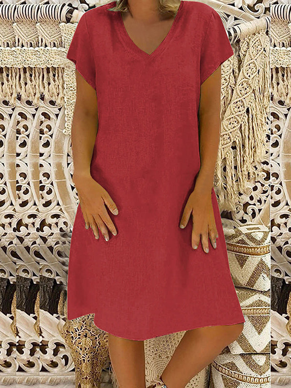 Solid Color A-Line Loose V-Neck Midi Dresses