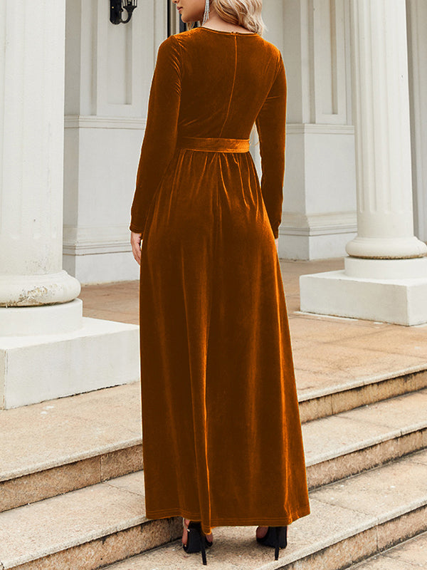 Belted Pleated Solid Color Zipper Long Sleeves Wrap Round-Neck Maxi Dresses