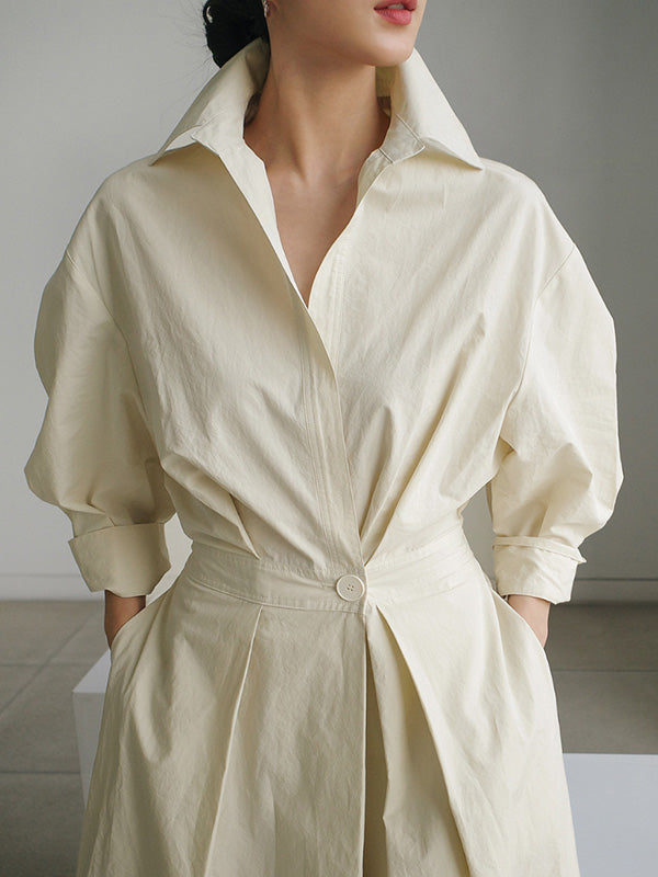 Buttoned Solid Color Long Sleeves Loose Lapel Midi Dresses