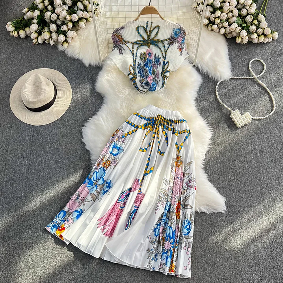 Fashion Printed Pleated Slim Top and Skirt Set Flaxmaker