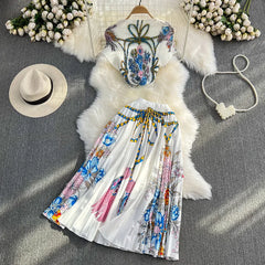 Fashion Printed Pleated Slim Top and Skirt Set Flaxmaker