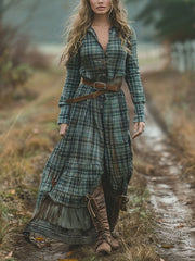 Plaid Long Sleeves Shirt Maxi Dresses