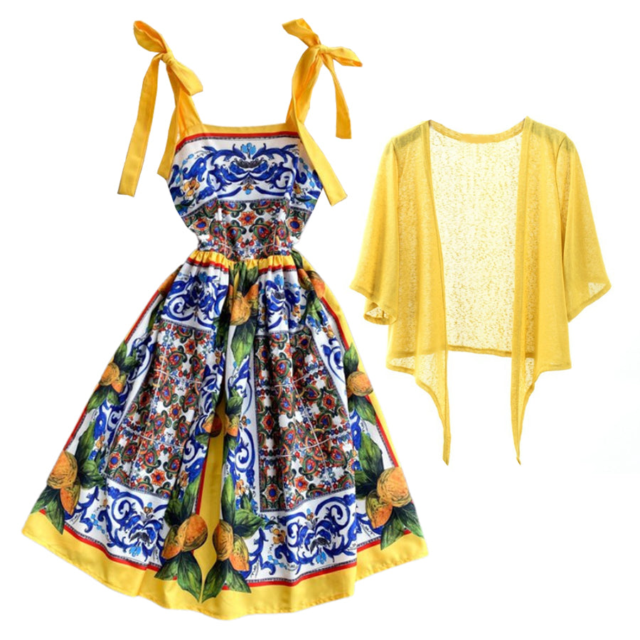 Bowknot Retro Printed Dress and Cardigan