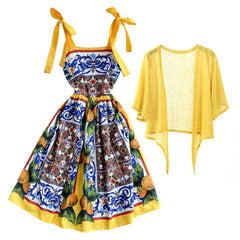 Bowknot Retro Printed Dress and Cardigan
