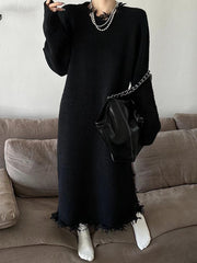 Fringed Solid Color High Waisted Long Sleeves Round-Neck Sweater Dresses Midi Dresses