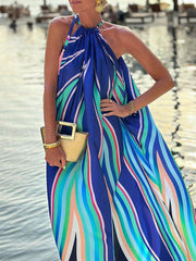 Multicolor Stripled Sleeveless Halter Neck A-Line Bohemia Maxi Dresses