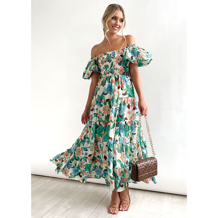 Off Shoulder Puff Sleeve Midi Dress