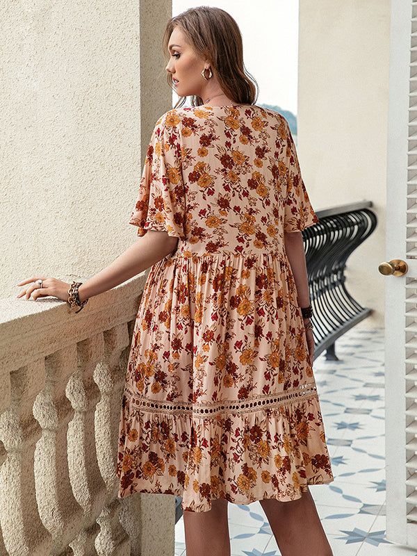 Vacation Flared Sleeves Loose Floral Printed V-Neck Mini Dress