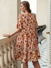 Vacation Flared Sleeves Loose Floral Printed V-Neck Mini Dress
