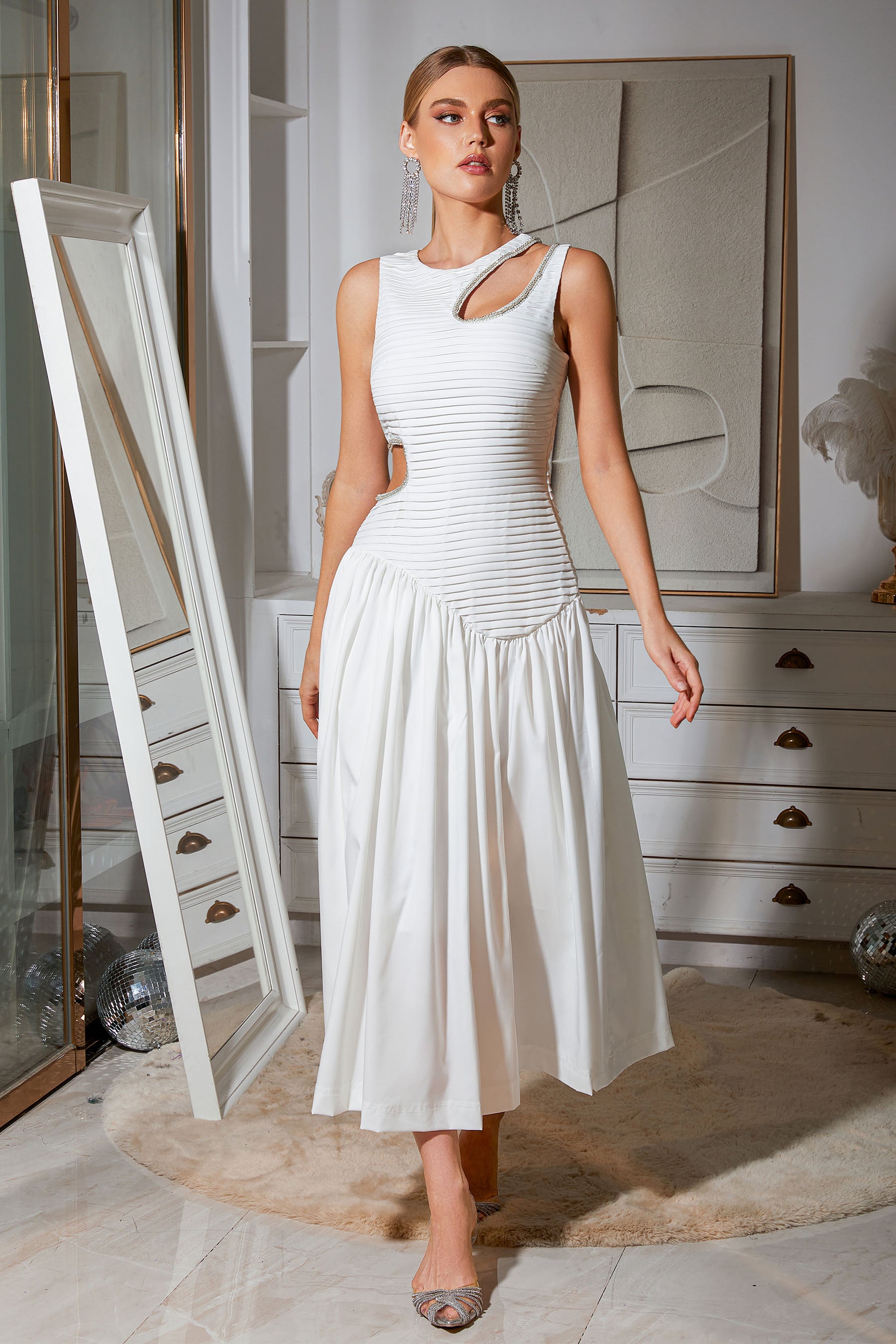 Irregularity Cutout White Maxi Dress Flaxmaker