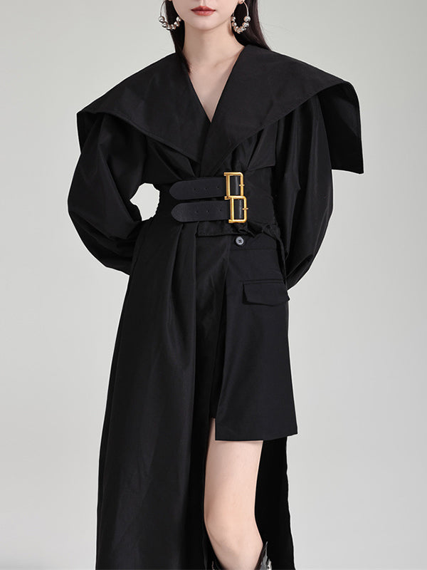 Asymmetric Belted Pleated Solid Color High Waisted Long Sleeves Lapel Midi Dresses
