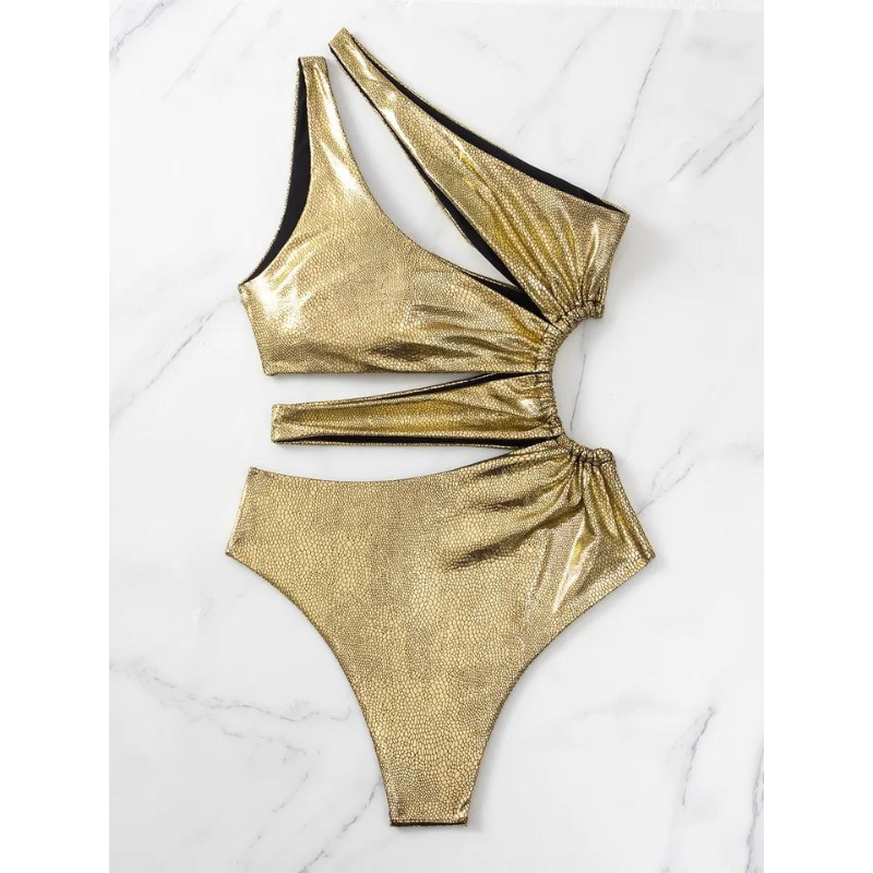 One Shoulder Cutout Glossy Sexy One Piece Swimsuit