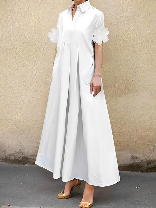 Pleated Solid Color Split-Joint A-line Loose Lapel Shirt Dress Maxi Dresses