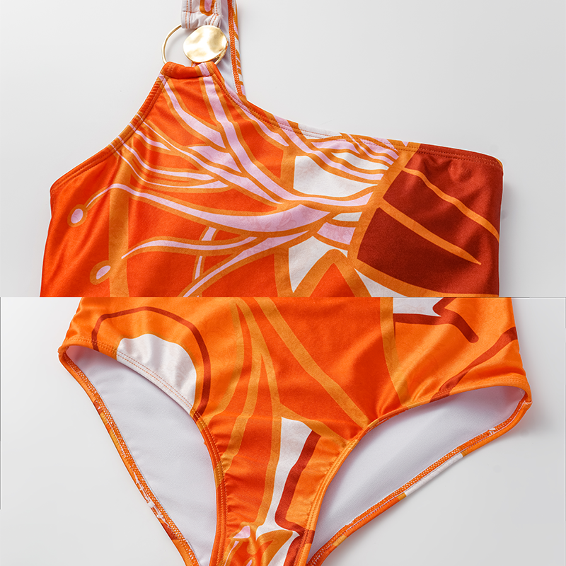 One Shoulder Print One Piece Swimsuit and Sarong(Shipped on Jan 11th)