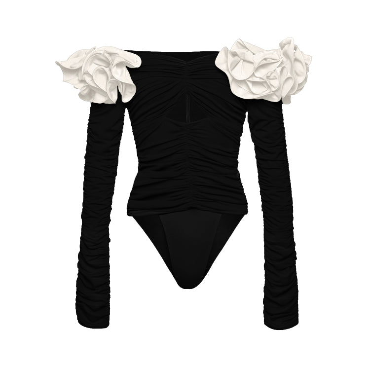 Flaxmaker Black Off Shoulder 3D Flower Long Sleeve One Piece Swimsuit and Skirt