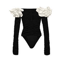 Flaxmaker Black Off Shoulder 3D Flower Long Sleeve One Piece Swimsuit and Skirt