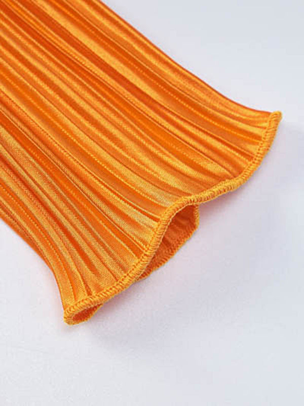 Pleated Solid Color Split-Joint Long Sleeves Skinny Round-Neck Maxi Dresses