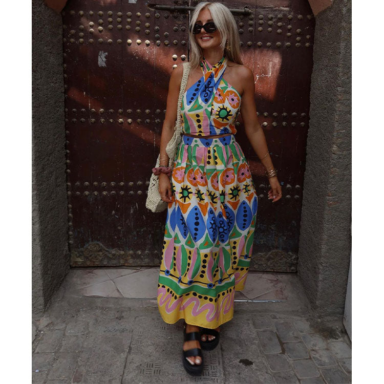 Halter Retro Printed Cami and Pants Set