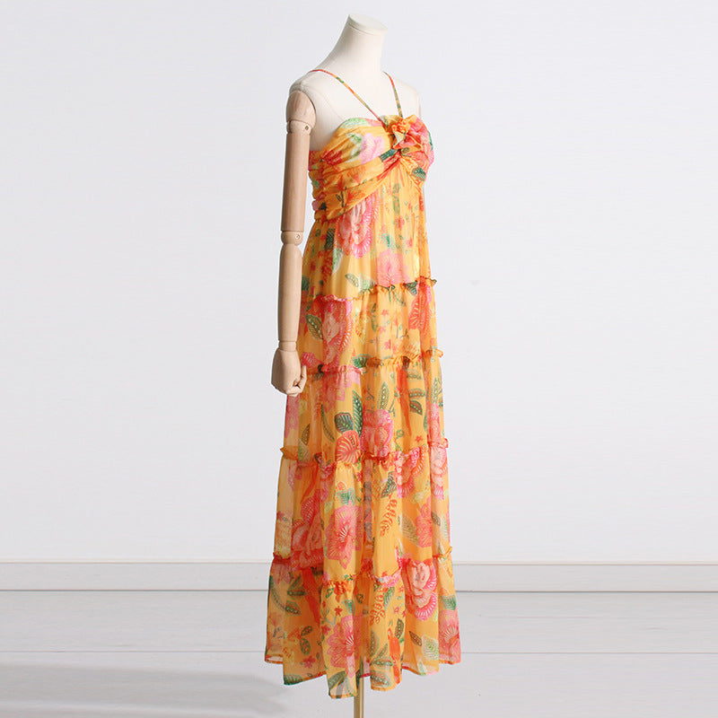 3D Flower Halter Printed Maxi Dress Flaxmaker